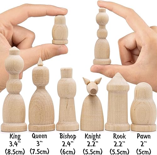 Miniatura 2 de Juego de 32 piezas de ajedrez de madera sin terminar, solo juego de 32 piezas, pinta tu propio juego de ajedrez, juegos de ajedrez en blanco para