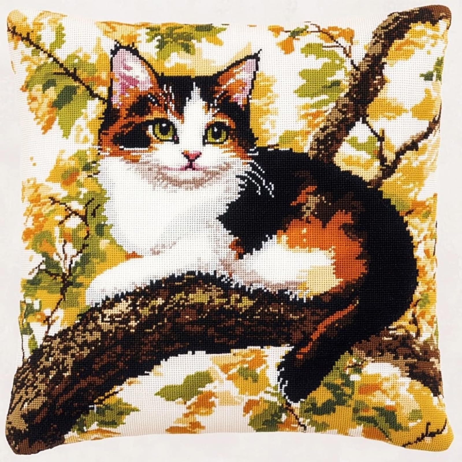 WallustrioaW Embroidery Kit Cross Stitch Cushion Kits,Cat on a Branch,Embroidery Cushion for Creative Home Decor — Needlework for Adult Beginners,45x45cm