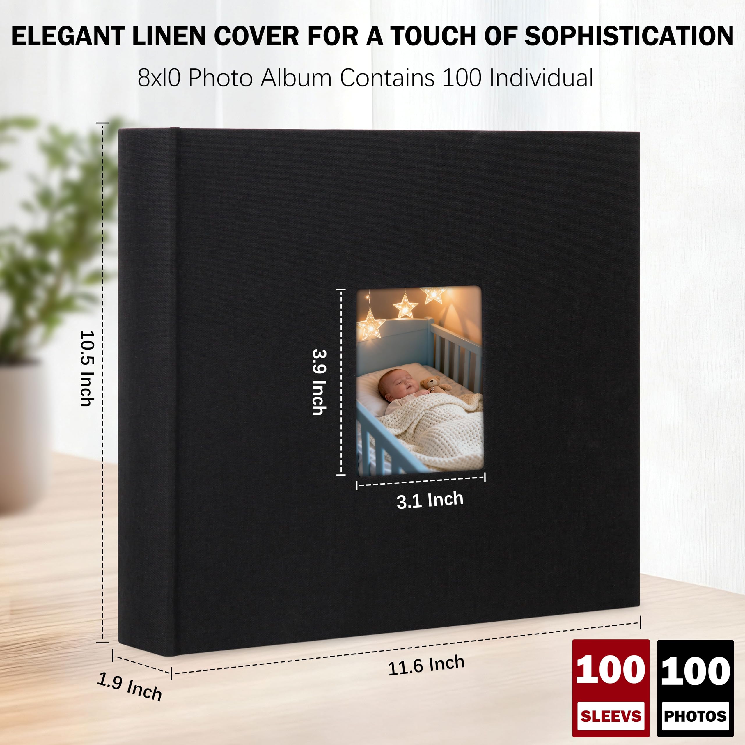 Aevdor Fotoalbum 8x10 100 Fotos 100 Taschen Bilderalbum Leinenstoff Einband Bilderbuch für Fotos mit Platz zum Schreiben, 8x10 Fotoalbum Buch für Hochzeit Reise Familie Erinnerungen (Schwarz)