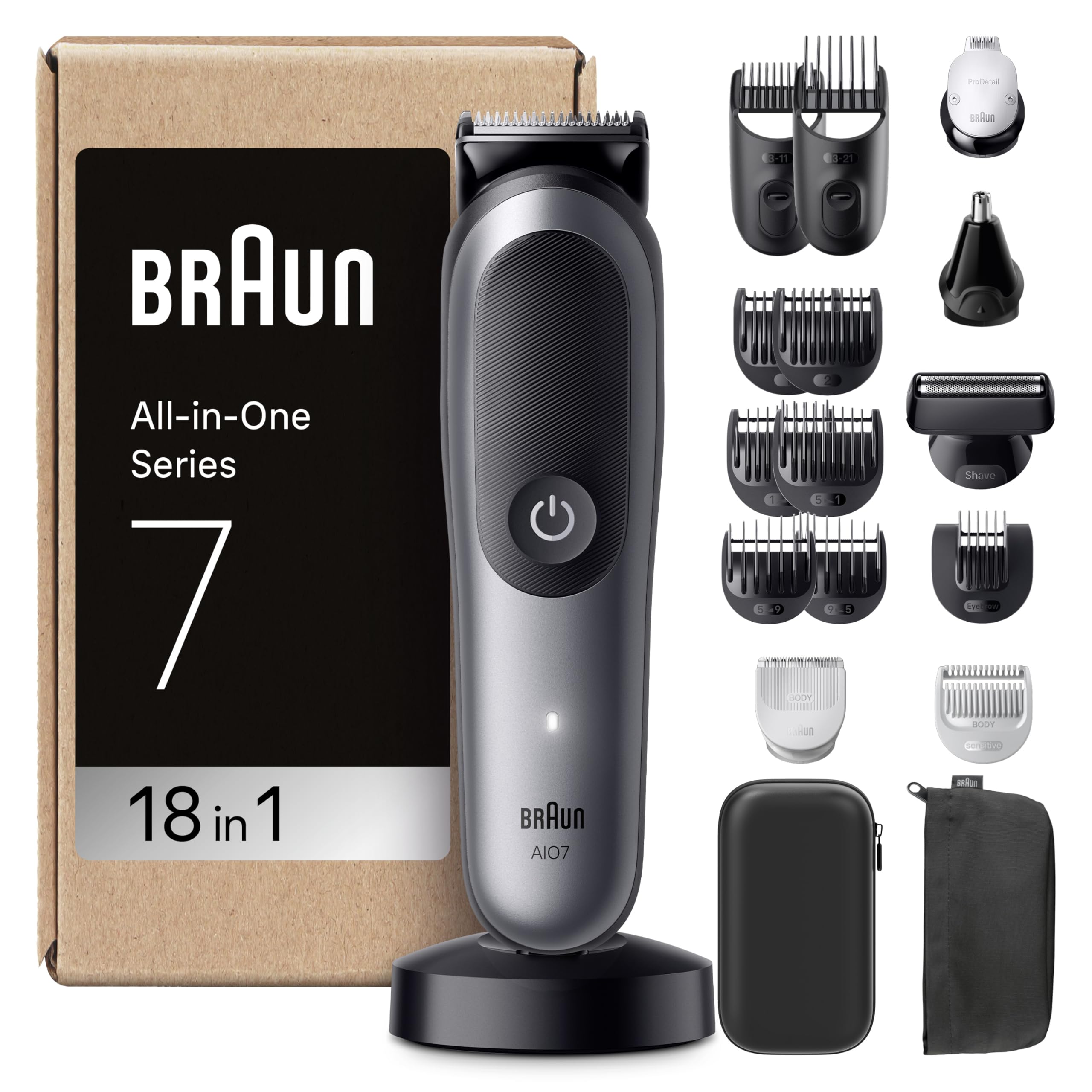 Braun Recortadora Todo En Uno Series 7 AIO7585, Kit De Styling 18en1 Para Barba, Pelo, Orejas, Nariz y Cuerpo, 120 Min De Autonomía, Cortapelos Hombre Con Lámina Ultra Afilada, Gris