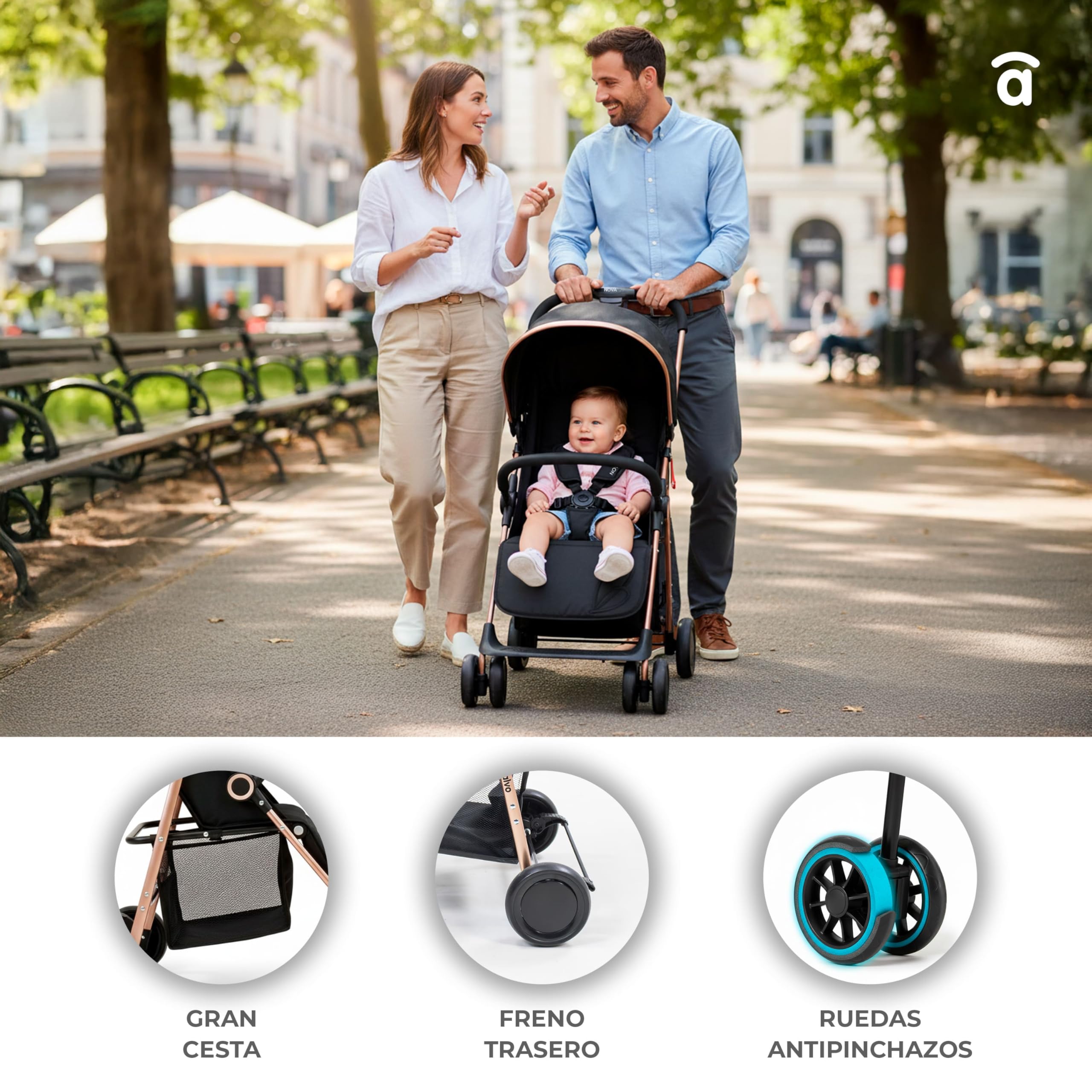Silla de Paseo Ligera y Compacta para Bebé desde Nacimiento, Carrito Bebé Ultraligero 5,5 kg con Respaldo Reclinable, Capota Extensible, Arnés 5 Puntos y Suspensión – Asalvo NOVA Dorado