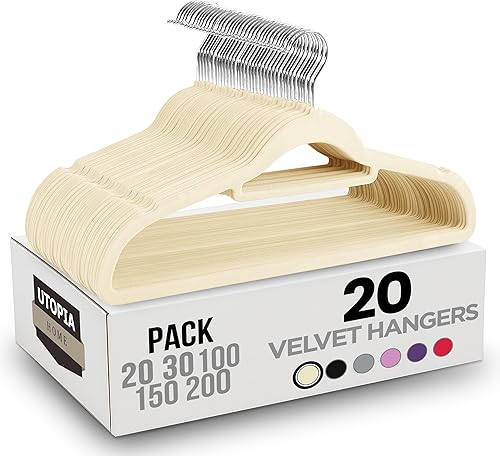 Miniatura 10 de Utopia Home Perchas de terciopelo de alta calidad, paquete de 20 unidades, perchas antideslizantes con barra de amarre, perchas color marfil,