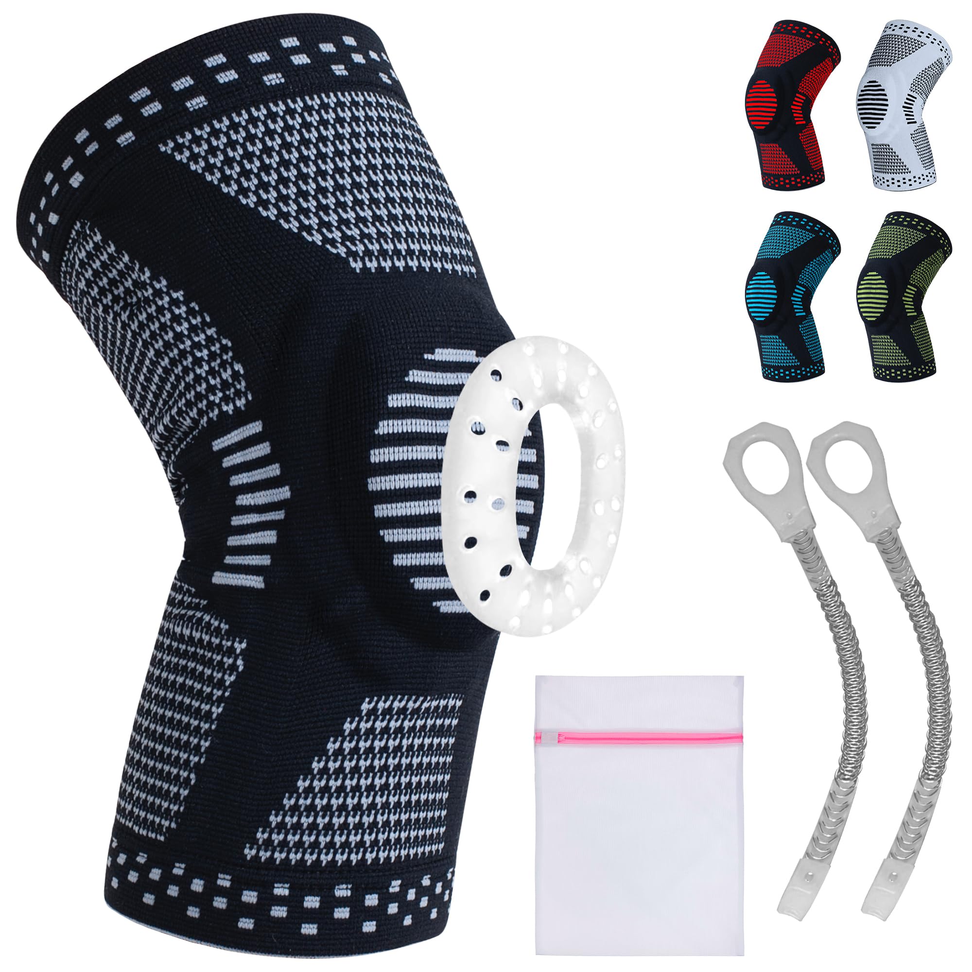 360 RELIEF - Compression Knee Brace with Gel Pads and Side Knee Stabilizers, Joint Support, Comfort, Active Recovery, Running, Workout Protection - Large, Black + Laundry Bag