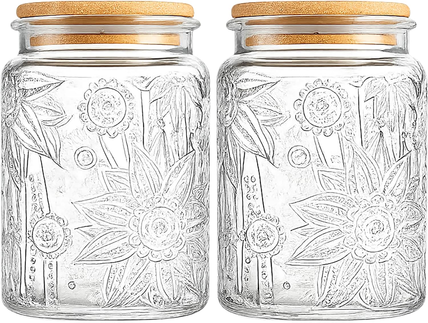 Custde Vintage Glass Jar with Bamboo Lid, 23.7 FL oz - Airtight Decorative Food Storage Canisters for Kitchen Counter, Ideal for Candy, Sugar, Coffee, Cookies (Sunflower*2)