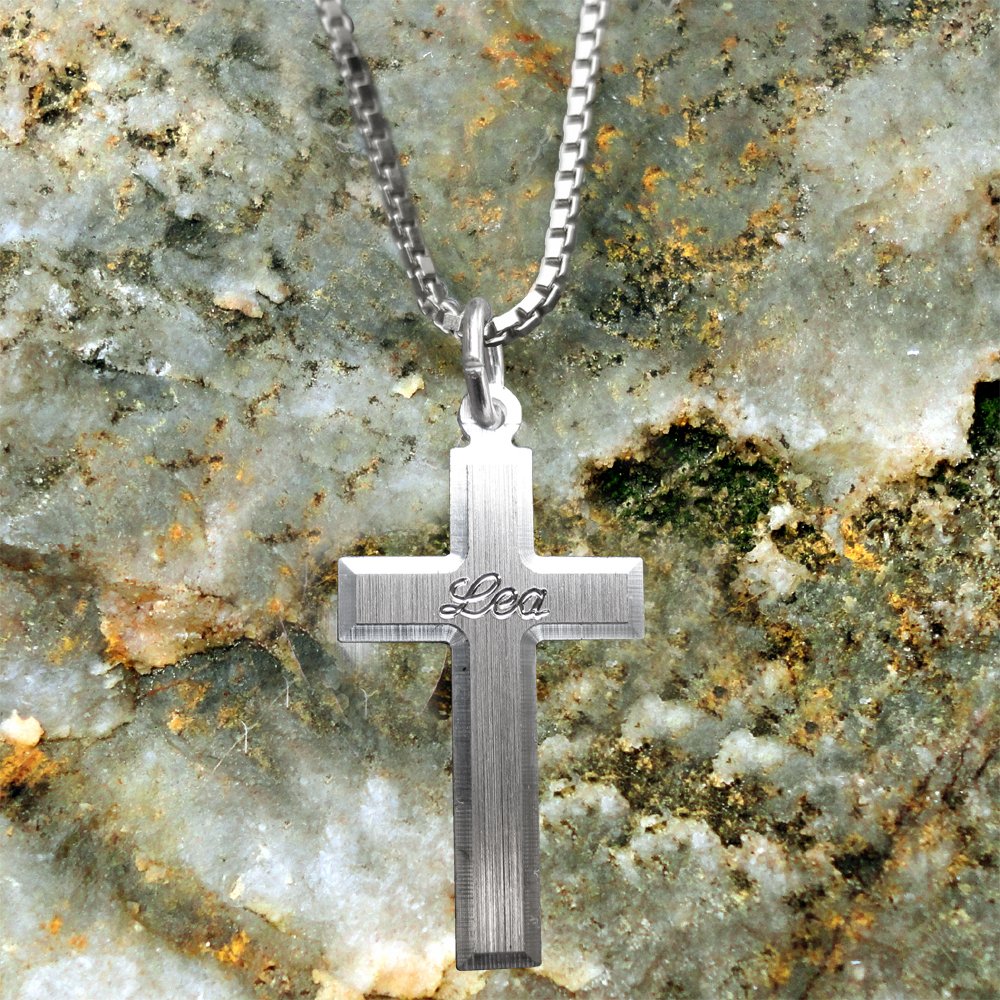 Silber Anhänger Kreuz 925 Sterling Silber mit SOFORTGRAVUR + VORSCHAU: Gravur eines Vornamens inklusive + Silber Trägerkette 42 cm