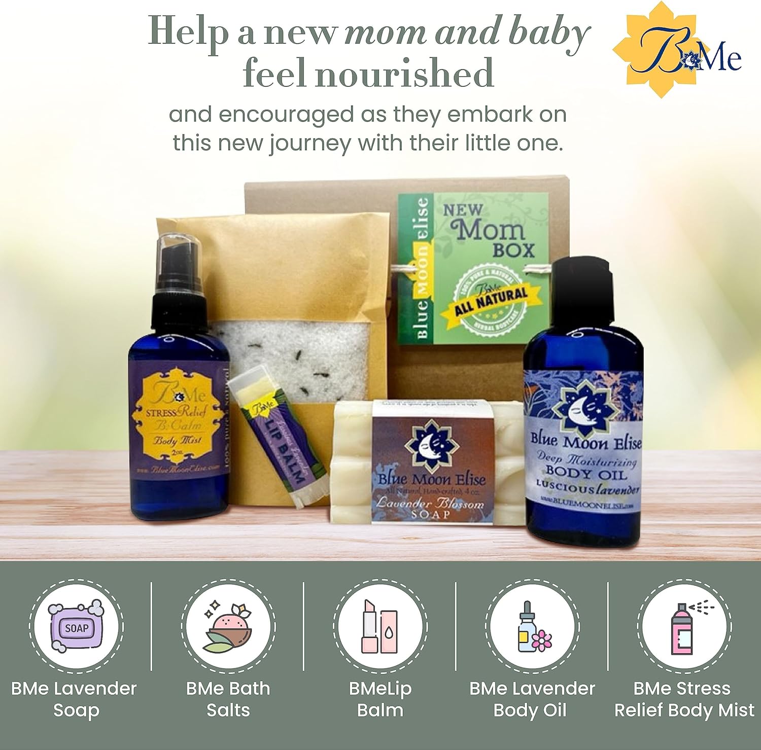 Blue Moon Elise New Mom Box, Natural Lavender Bath and Body Spa Gift Baskets for Women, New Mom Gifts for Women, Made from Pure Lavender Essential Oils, Safe for Use on Babies