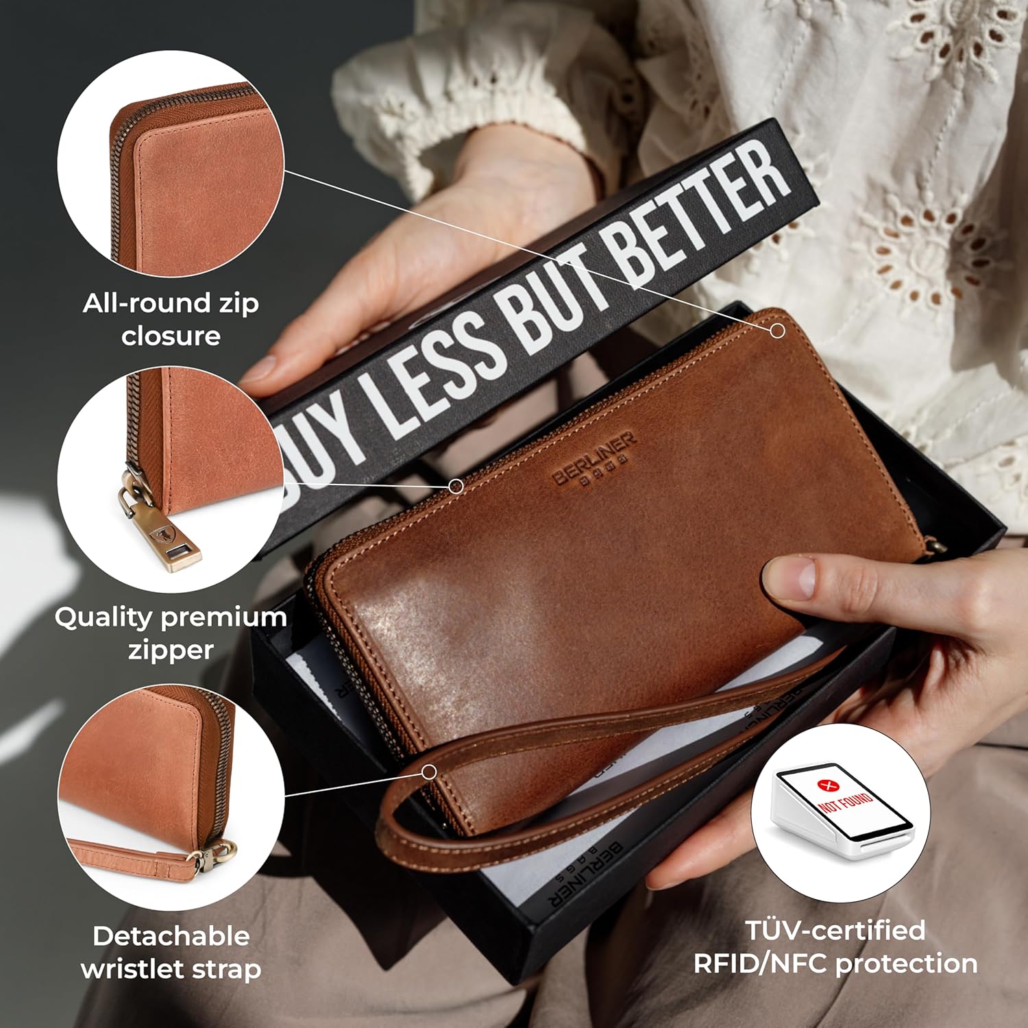 BERLINER BAGS Vintage Genuine Leather Wallet Lyon, RFID Blocking Credit Card Holder, Clutch Purses for Women, Zip Around Wallet for 15 Cards and ID window, Bills, Coins - Brown