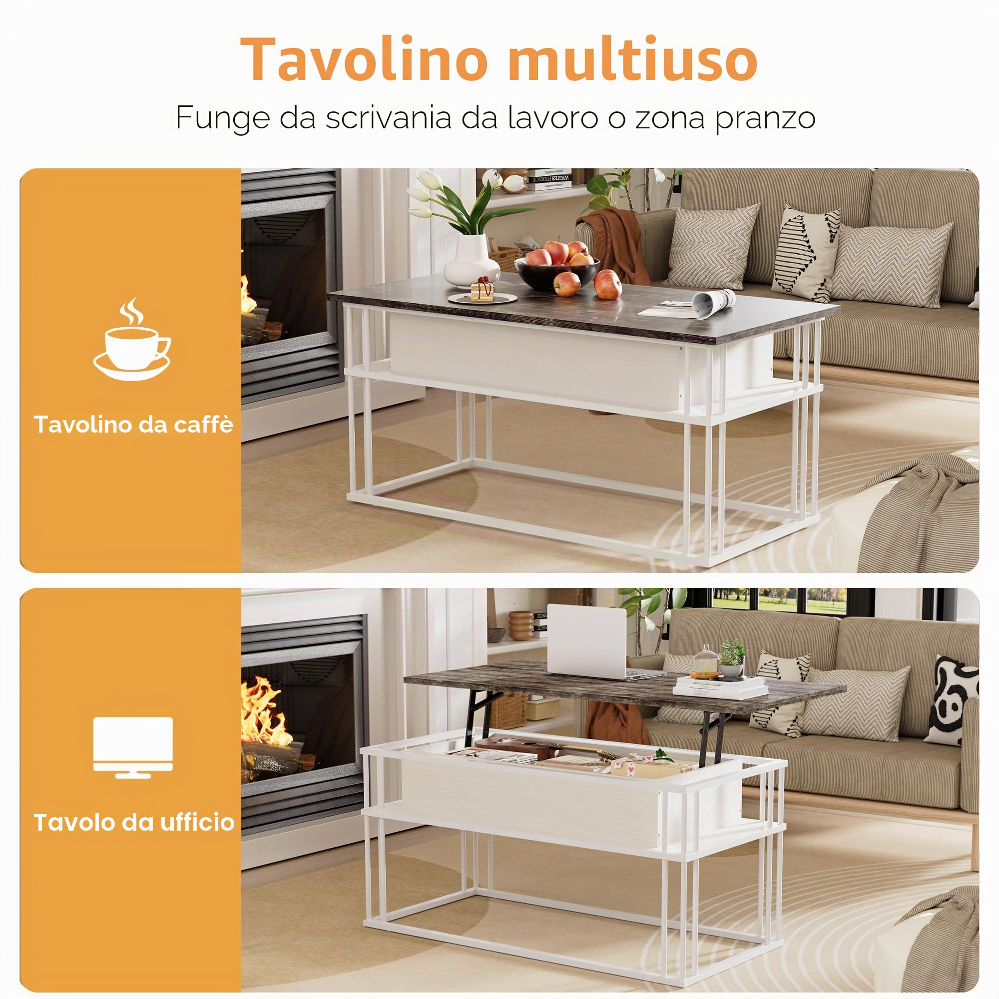 Tavolino da Salotto con Piano Sollevabile – Tavolino da Caffè Moderni, Struttura Metallica Stabile & Contenitore Nascosto, Tavolino Centrale per Soggiorno, Piccoli Spazi, Home Office