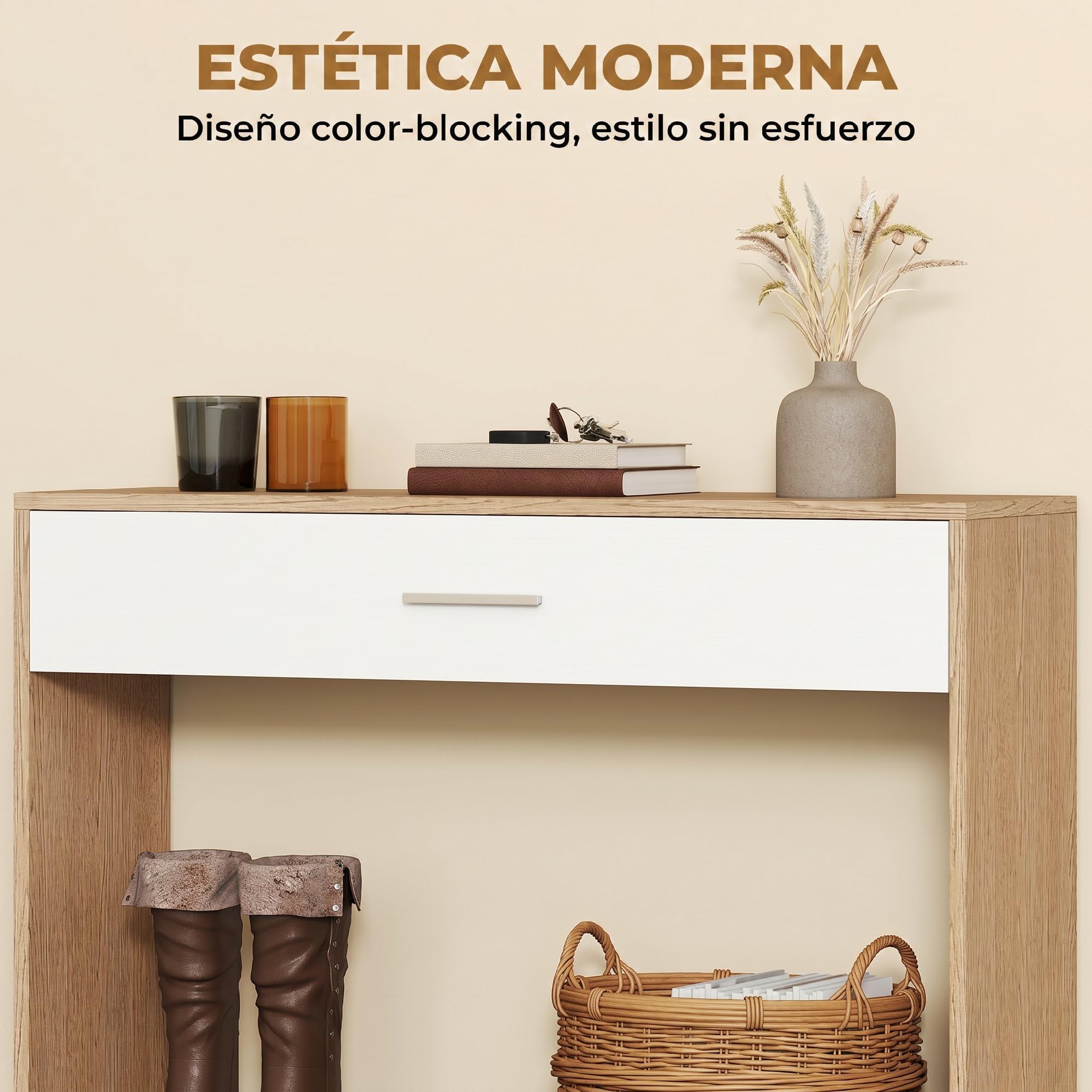 HOMCOM Recibidor de Entrada con Espejo, Cajón y Estante, Mueble de Recibidor de 2 Piezas con Mesa Consola y Espejo, Diseño Antivuelco, para Pasillo, 91,5x27,9x85,5 cm, Roble