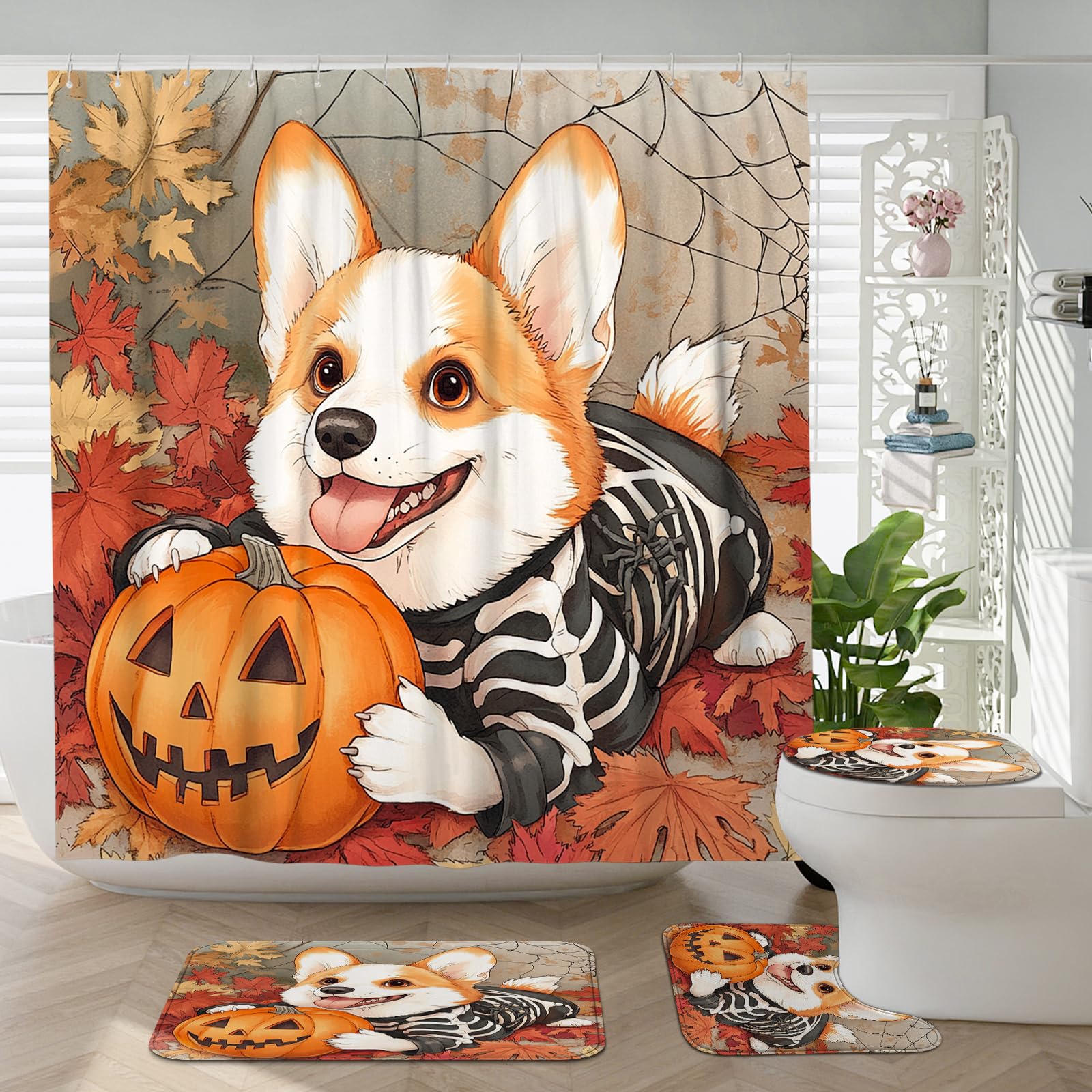 Rideau de douche citrouille effrayante et tapis de bain anti-glisse Halloween