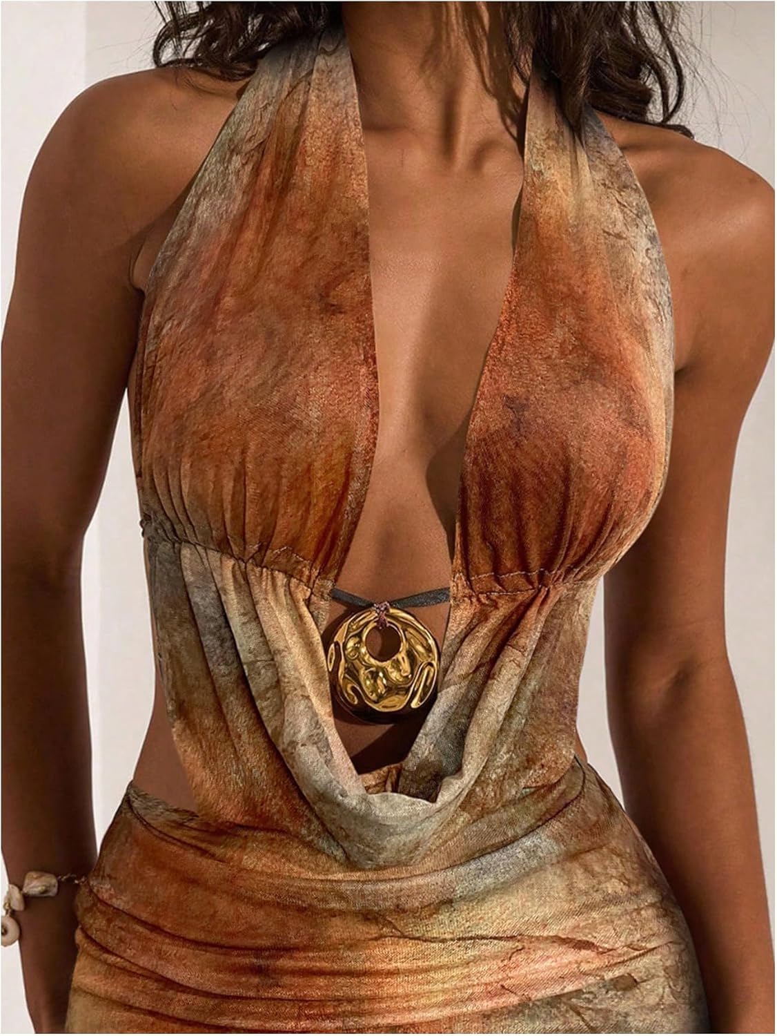 WDIRARA Women's Draped Halter Bodycon Dress Tie Dye Sleeveless Tie Backless Fishtail Maxi Dresses - Image 6