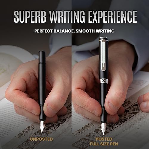 Miniatura 7 de Scriveiner Pluma estilográfica de lujo, color negro mate medio con acabado cromado, punta alemana Schmidt, convertidor, el mejor juego de regalo de