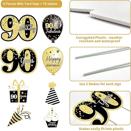 Miniatura 3 de Juego de 8 letreros de feliz cumpleaños 90 para patio, decoraciones de cumpleaños de 90 años negro y dorado para hombres, carteles de césped de 90