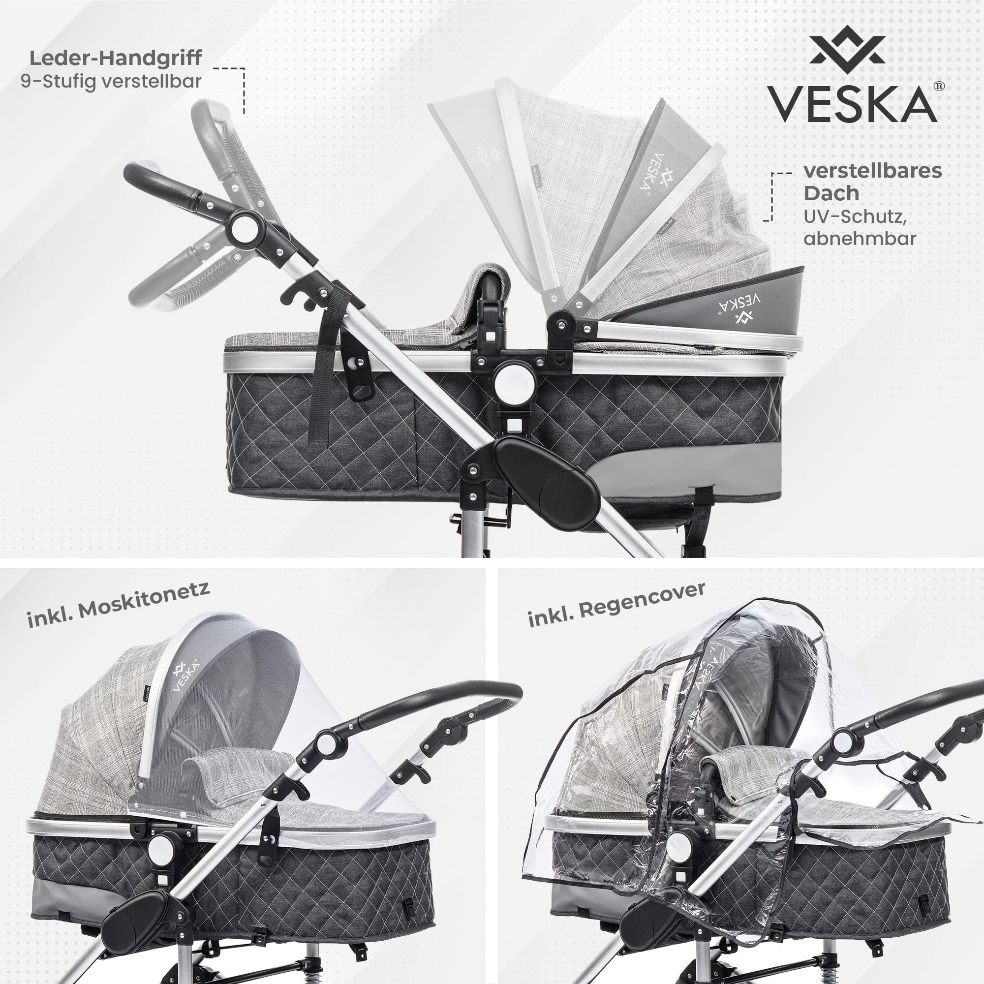 3 in 1 Kombi-Kinderwagen inkl. Babyschale, Buggy, Jogger mit Wickeltasche, Moskitonetz, Regencover, Spieltisch, Autoschale Fußsack, QuickFold, Aluminiumrahmen (Silber - anthrazit/grau)