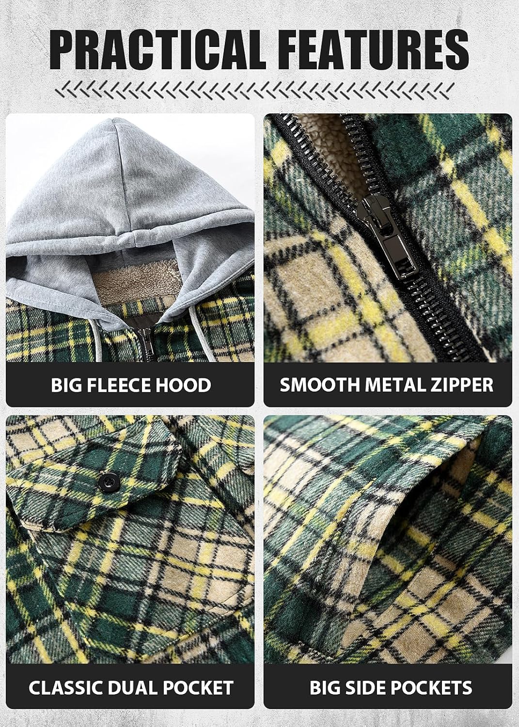 Men's Full Zip Sherpa Lined Flannel Jacket Fleece Hooded Plaid Jacket with Hood for Men - Image 6