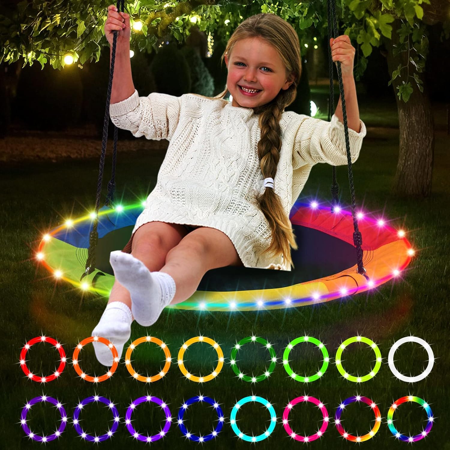MONOCUS™ Baby Swing For Kids, Saucer Tree Swing with LED Light Multi Stranded Ropes For Outdoor & Indoor Playground &2 Additional Hanging Strap, Gym Sets, Backyard
