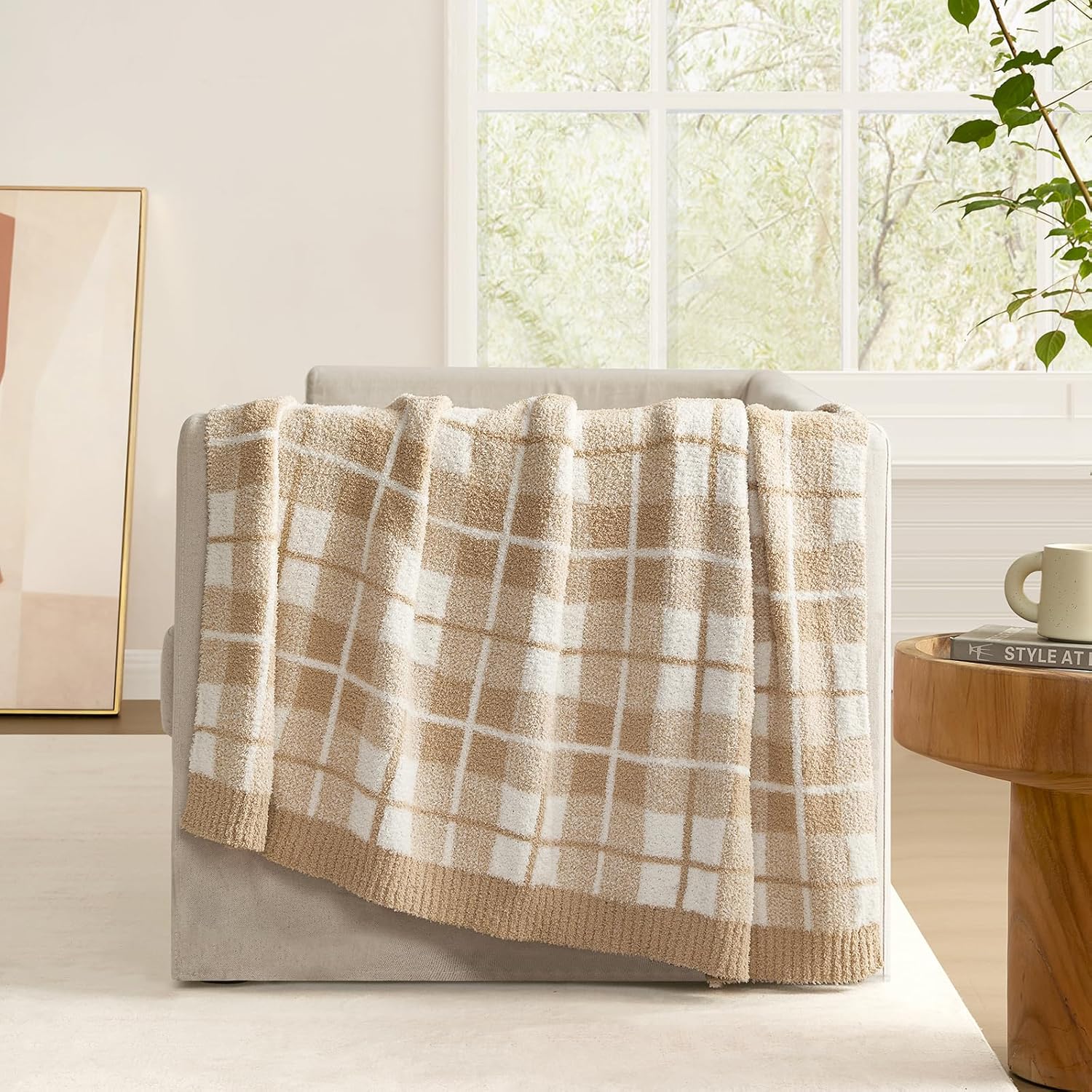 Snuggle Sac Checkered Throw Blanket for Couch, Super Soft Cozy Warm Knit Netural Decorative Fluffy Blankets, Reversible Buffalo Plaid Microfiber Throws for Sofa Bed, Beige Plaid, 50x60 Inches - Image 2
