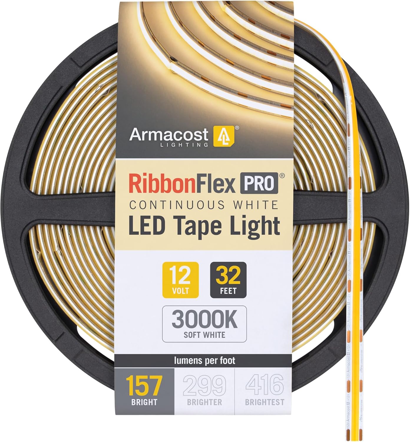 Armacost Lighting RibbonFlex Pro 12V White LED COB Strip Light Tape, 157 Lumens/Ft, 3000K, 10M (32.8 ft) 170250