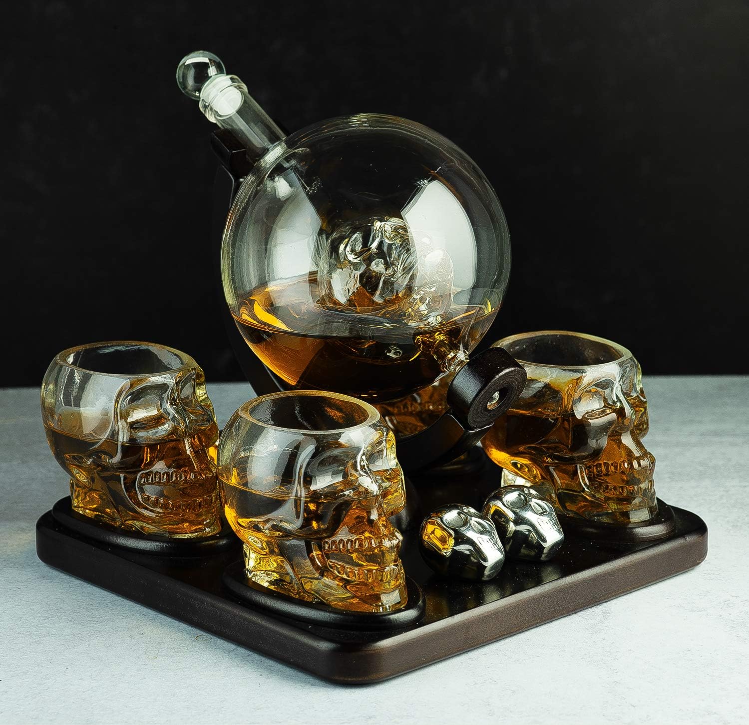 Skull Skeleton Wine & Whiskey Globe Decanter Set 850mL | Gothic Barware Gift Set with 4 Skull Head Shot Glasses 3oz & Skull Chillers on Wooden Base | Spooky Halloween Skeleton Drinkware