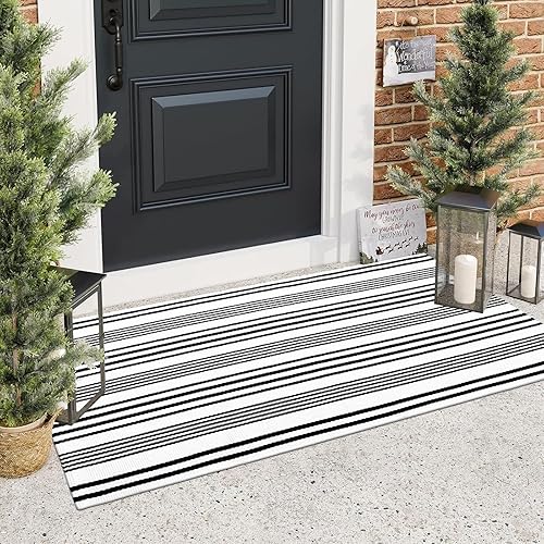 Vista 44 de Alfombra de exterior a rayas blancas y negras, 2 x 3 pies, de algodón, moderna, tejida a mano, reversible, para porche, puerta de bienvenida, 1 tira