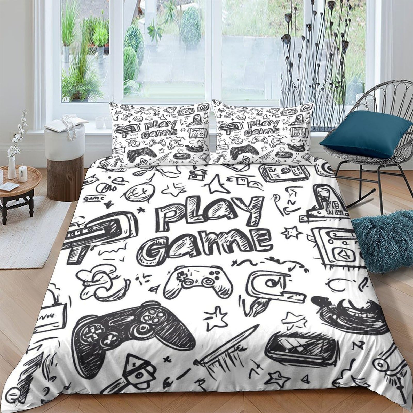 Ctjqhvkz Style-9 3D Printed Graffiti Gamepad Fitted Sheet Microfiber Anti-Slip Cartoon Console Mattress Cover For Bedroom Guest Room Single（135X200cm）