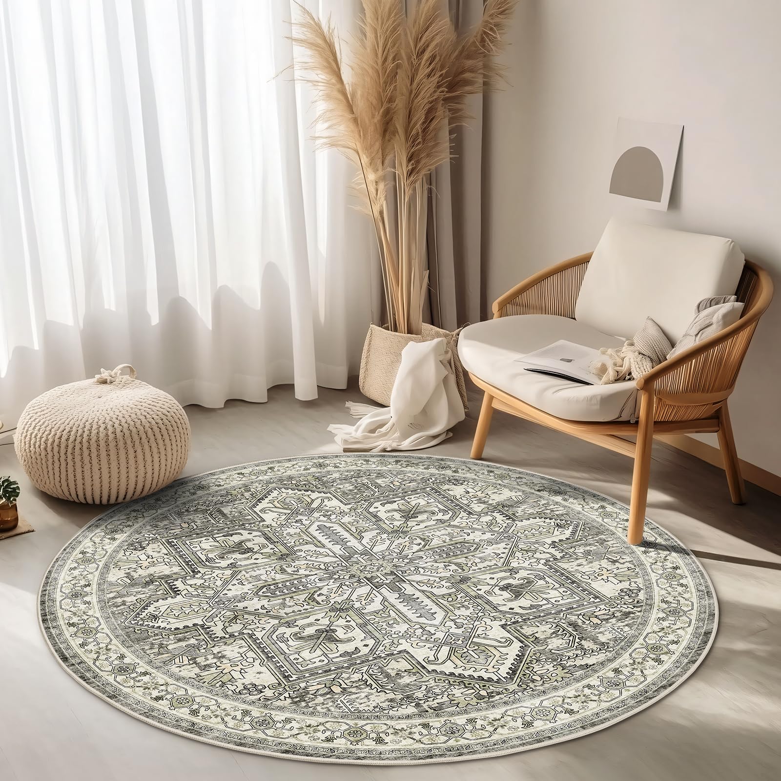 WITSHOCK Area Rug Round Rugs, 4Ft Oriental Circle Area Rugs for Living Room Machine Washable Non Slip Stain Backing Rug Soft Foldable, Vintage Rugs