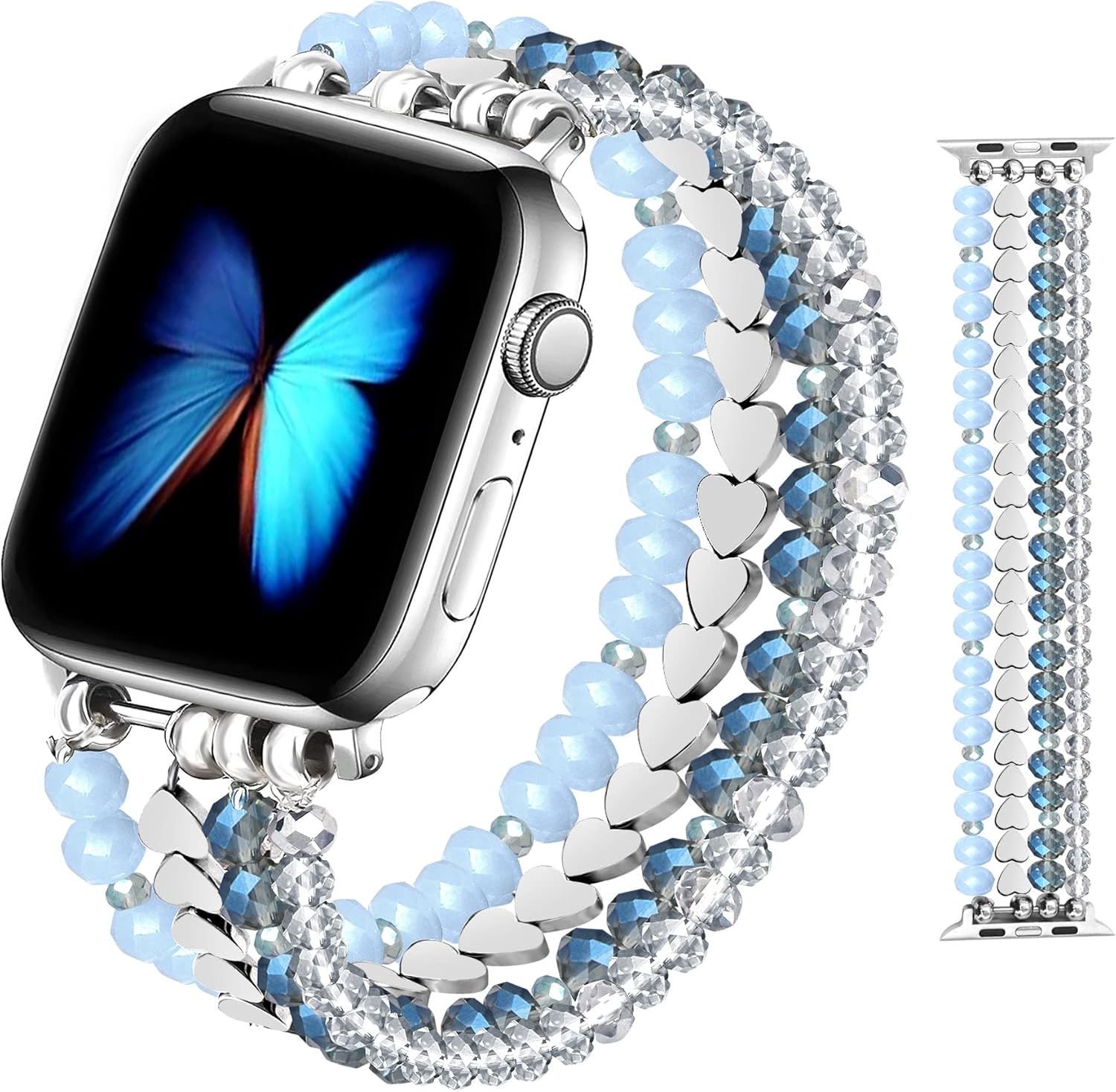 JR.DM Beaded Bracelet Bands for women Compatible with Apple Watch 40mm 38mm 41mm 44mm 42mm(S10/11) Fashion Cute Dressy Stretchy Handmade Strap for iWatch Series 11/10/9/8/7/6/5/4/SE 3/2/1(Blue/Silver)