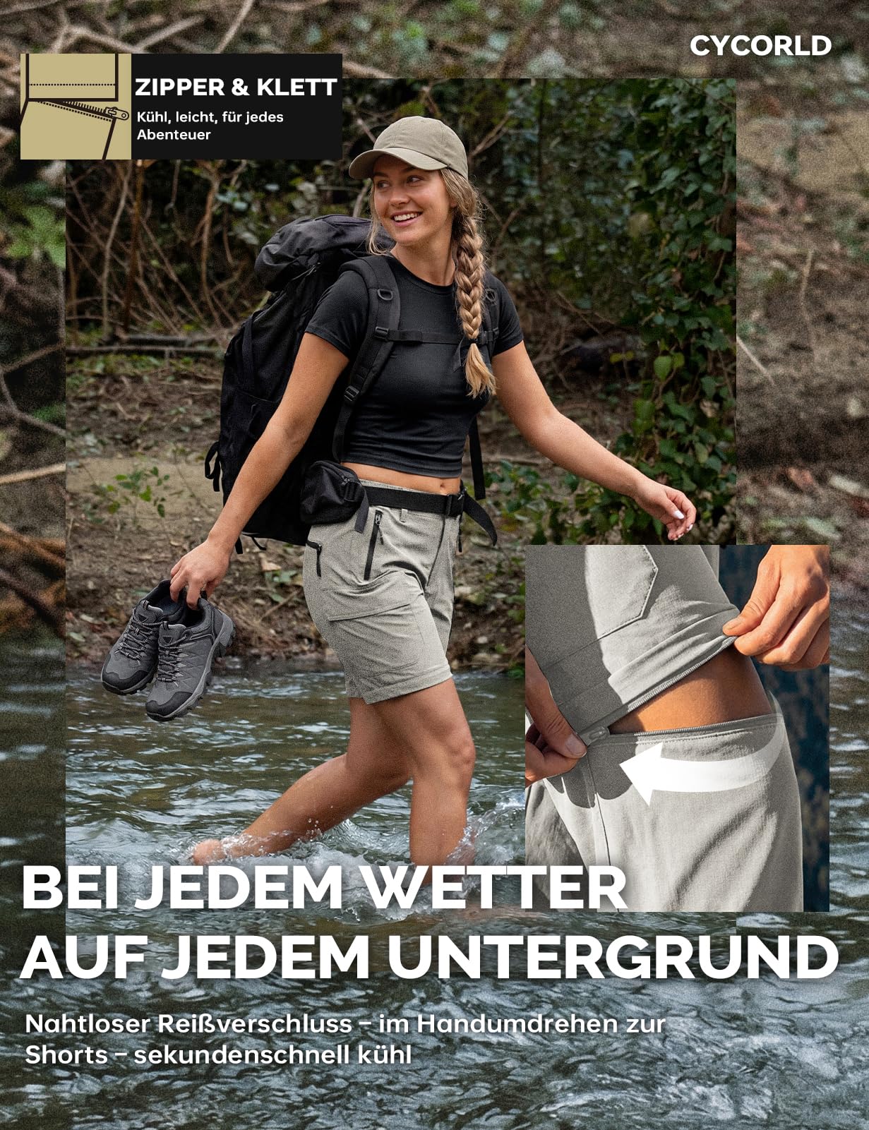 Cycorld Pantalon de Randonnée Femme - Zip Off Respirant, Léger et Extensible, Séchage Rapide, Fonctionnel pour Trekking et Plein Air, Idéal pour l'Été