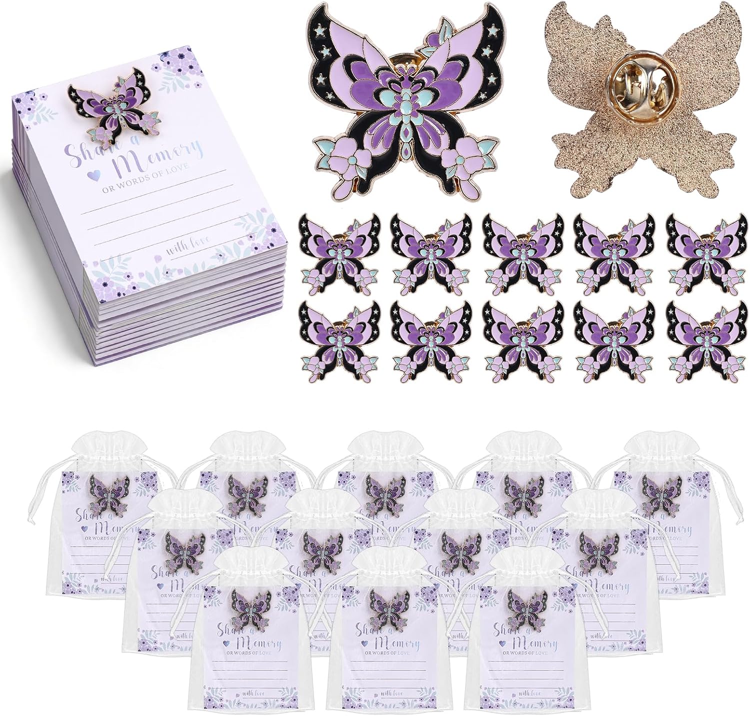 50 Sets Brooch for Guests - Butterfly Pins with Custom Memorial Cards & Pearl Organza Bags, Bulk funeral gifts, Celebration of Life Decorations, Memorial Gift for Charity Activity Supplies