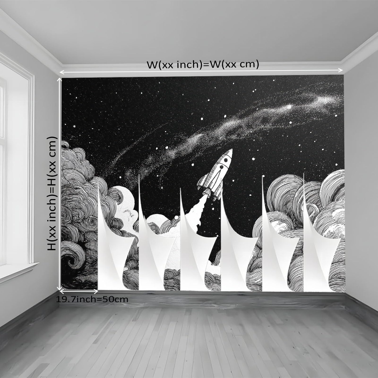 Fototapeta z włókniny 250 x 175 cm, motyw rakiety z kreskówki, ręcznie rysowany motyw, wodoszczelna dekoracja ścienna do pokoju dziecięcego i narożnika na biurko, czarna
