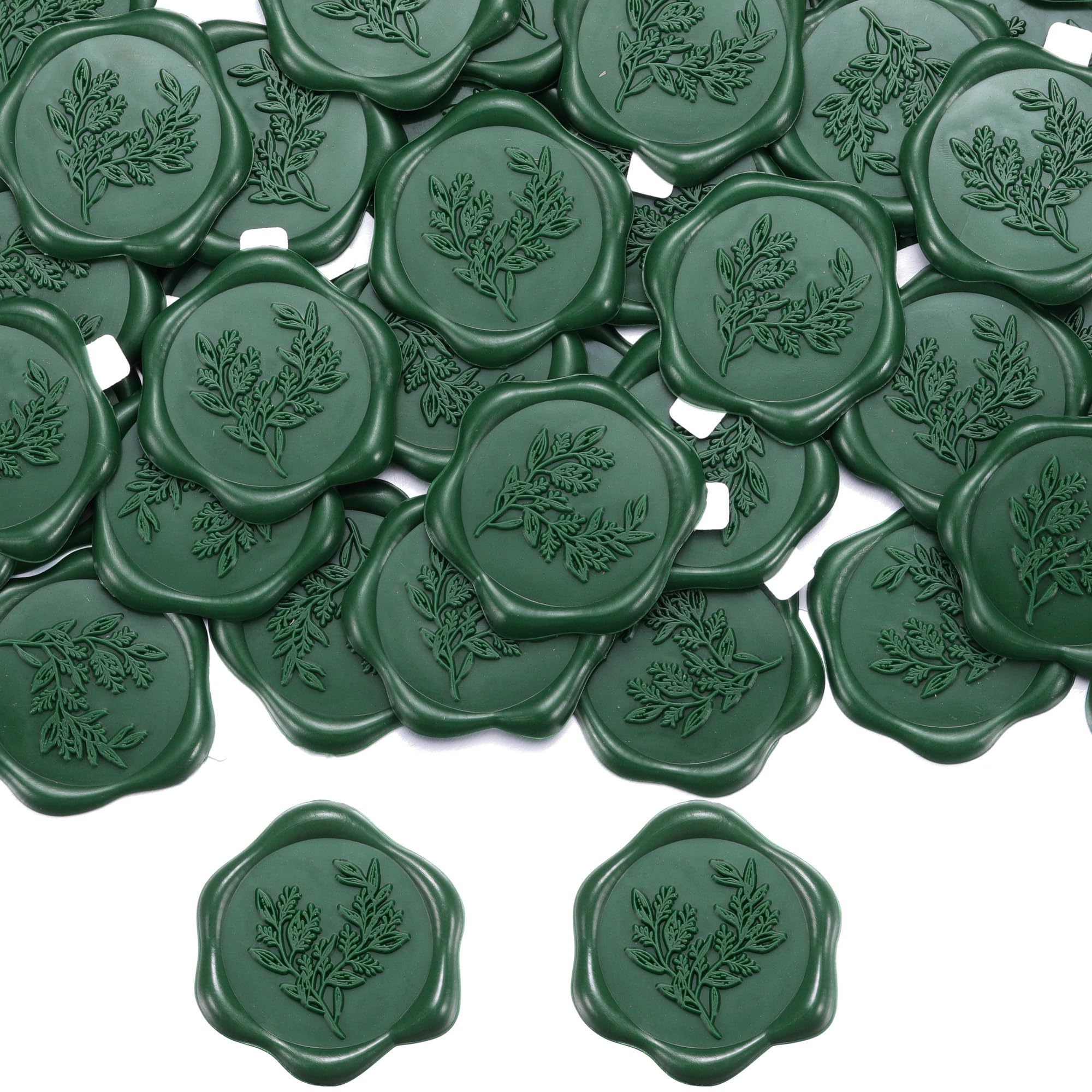 Filhome 50Pcs Wax Seal Stickers, 1.14inch/29mm Green Envelope Seal Stickers, Eucalyptus Leaves Vintage Wedding Invitation Stickers for Valentine's Day Birthday Bridal Shower Party Supply