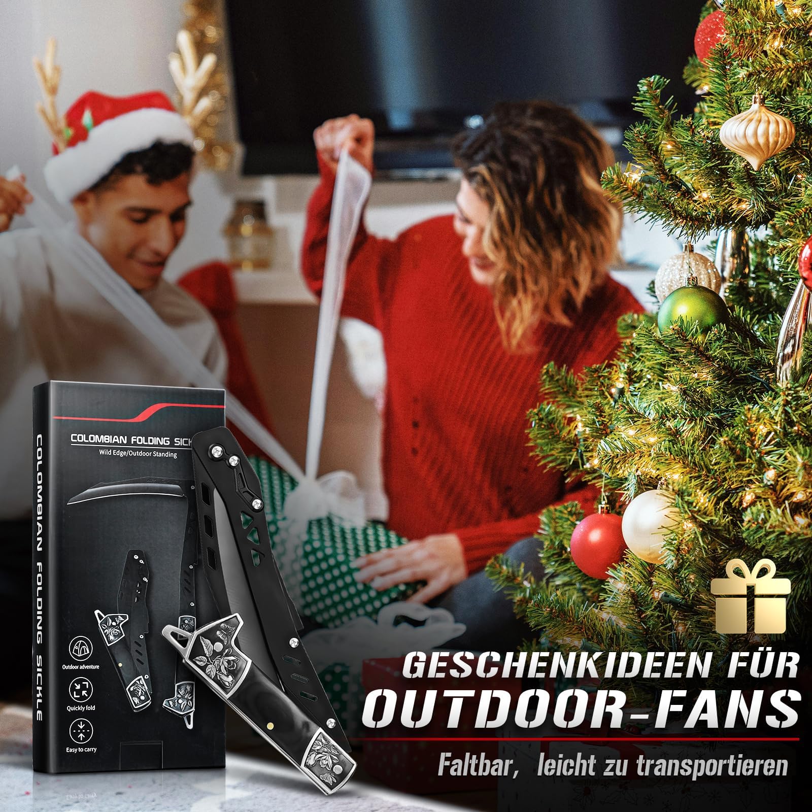 DRGSKL Faltbar Sense mit Scheide Schwarze Outdoor Klappbare Sichel für Gras und Unkraut Retro Sharp Sichel Garten Geschenk für Männer Einzige Klinge