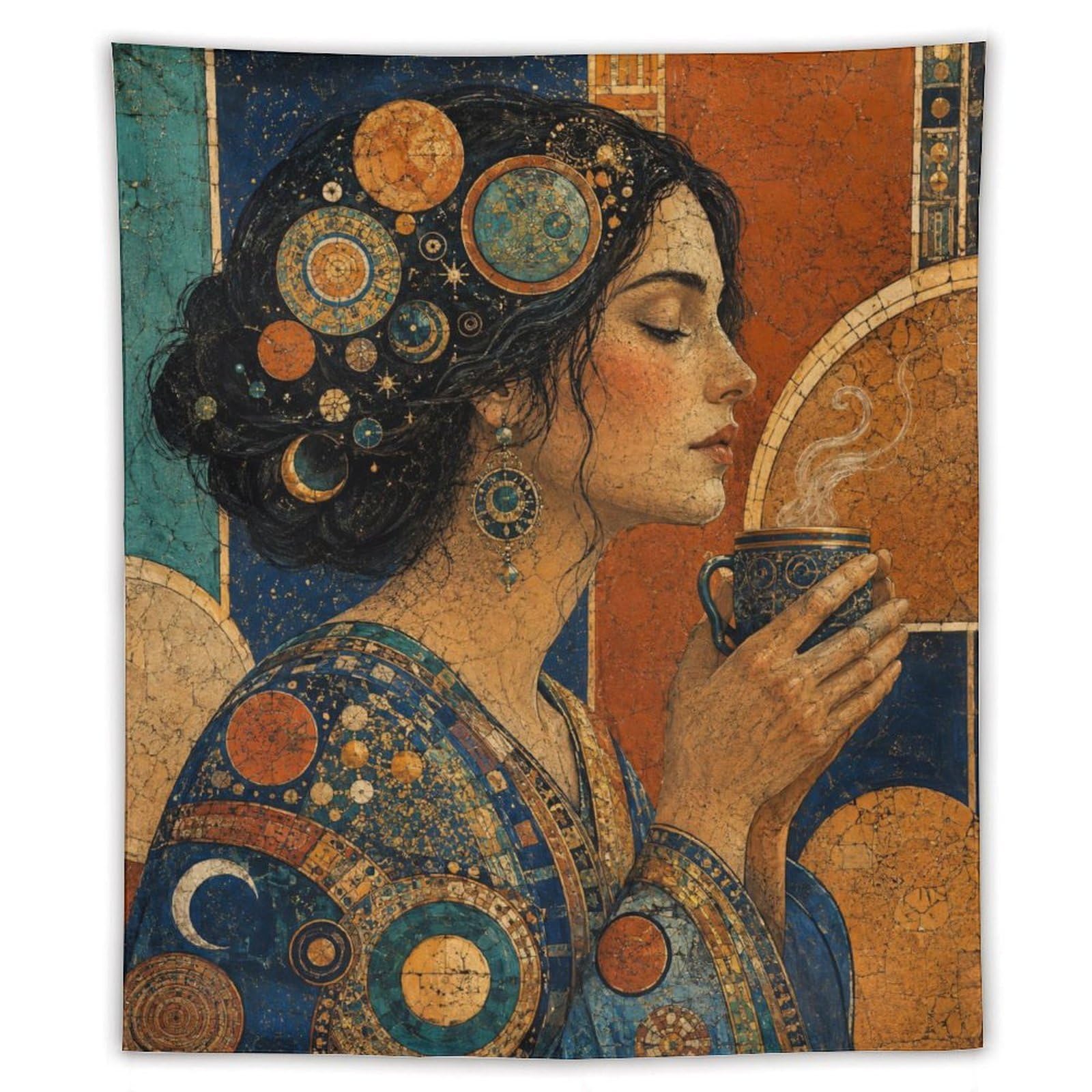 H3B8U2Y5 Elegant Woman with Teacup Wall Tapestry, Mosaic Style, Mosaic Art