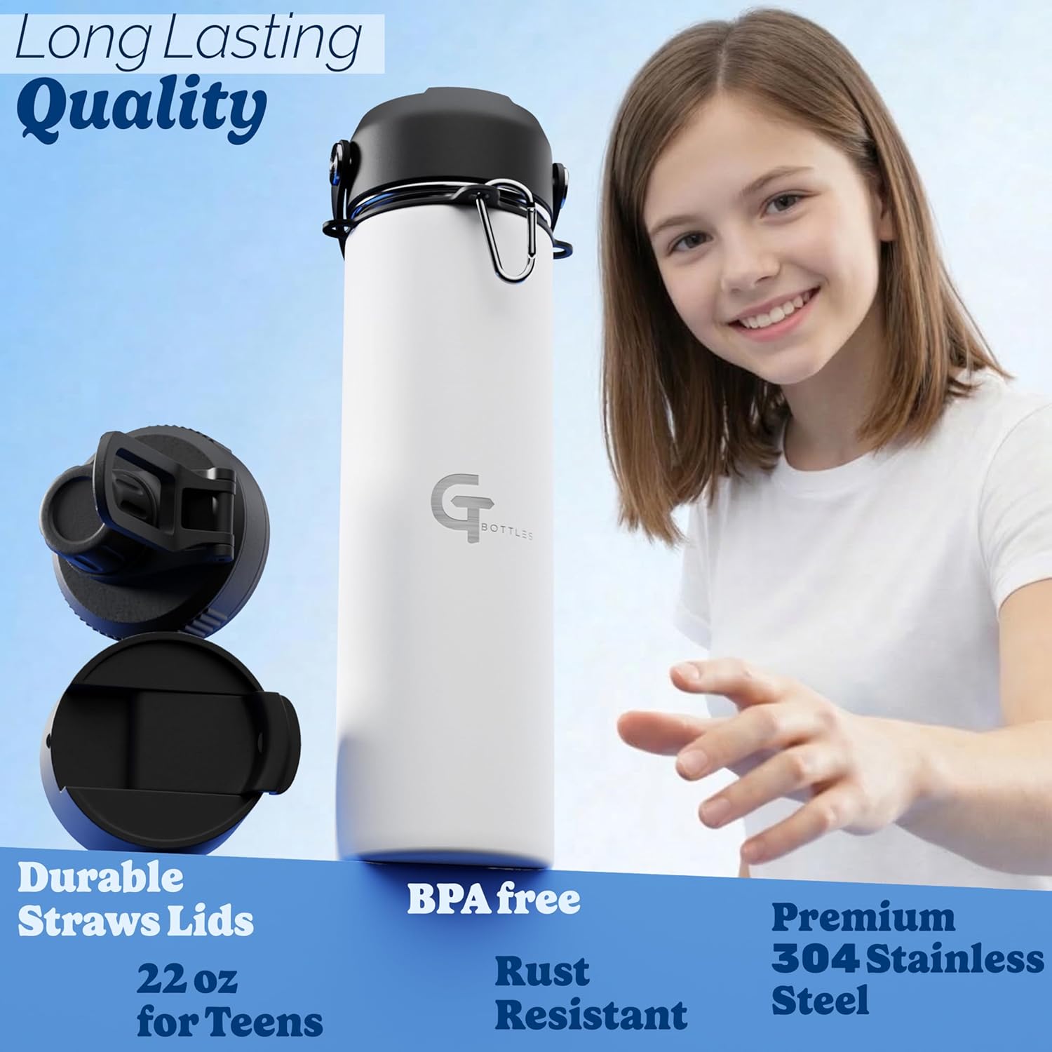 22oz Insulated Stainless Steel Water Bottle with 3 Lids & Paracord Handle – Leakproof Wide Mouth Metal Sports Bottle for Gym, School & Travel (White, 22oz)