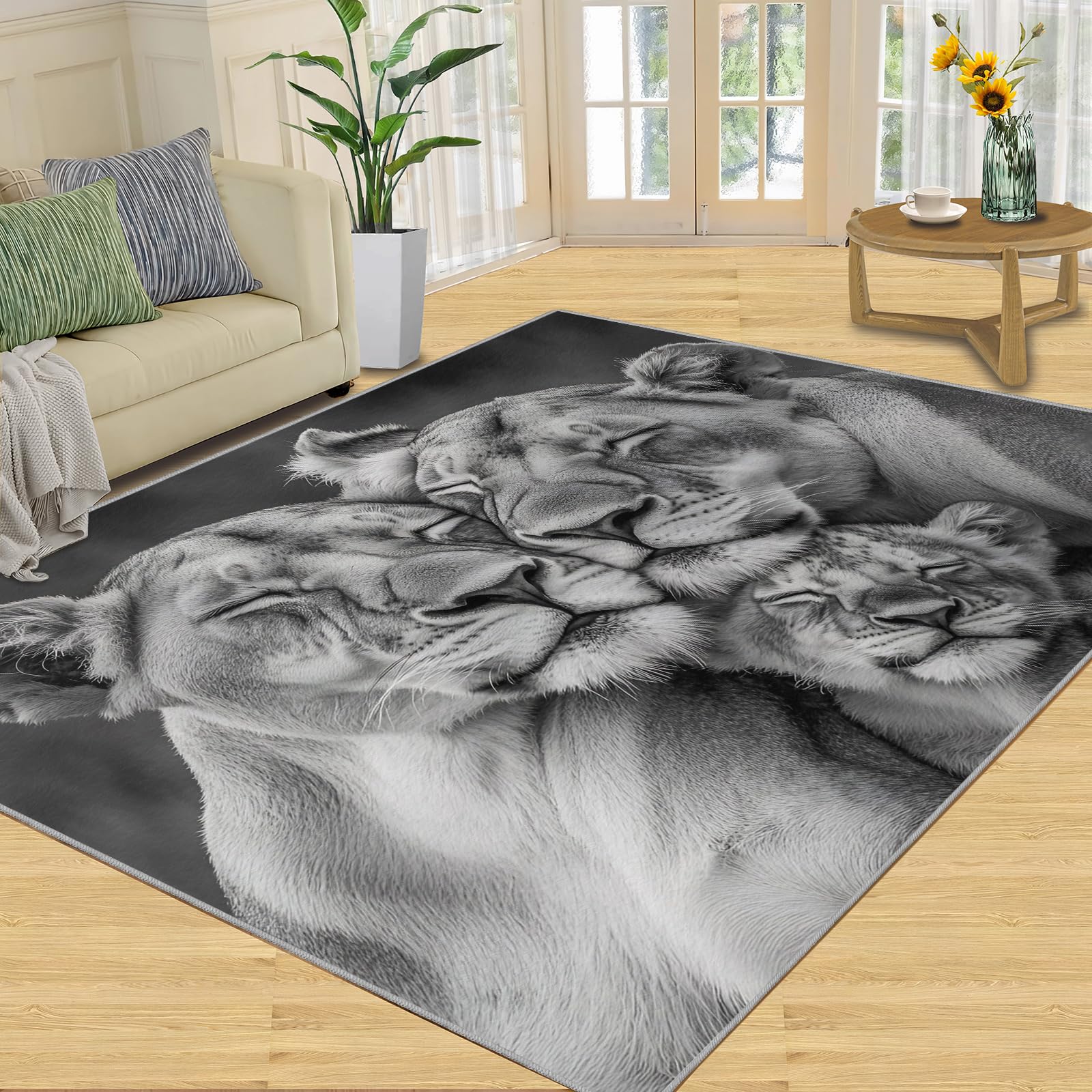 Tapis lion africain lavable et antidérapant à poils courts pour salon