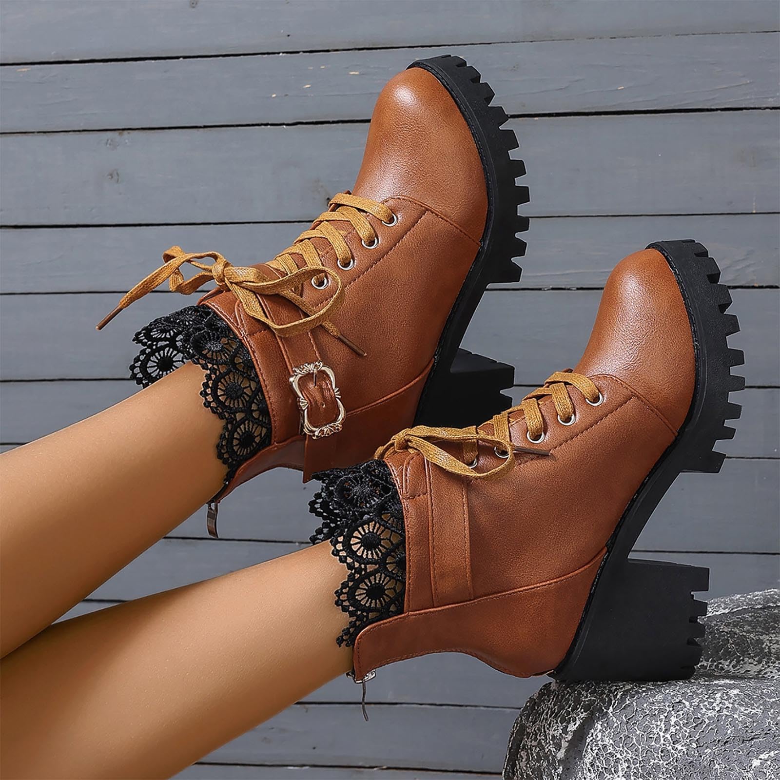 Botines De Mujer Moda Invierno Con Encaje Trasero Cremallera Plataforma Botas Con Tacón