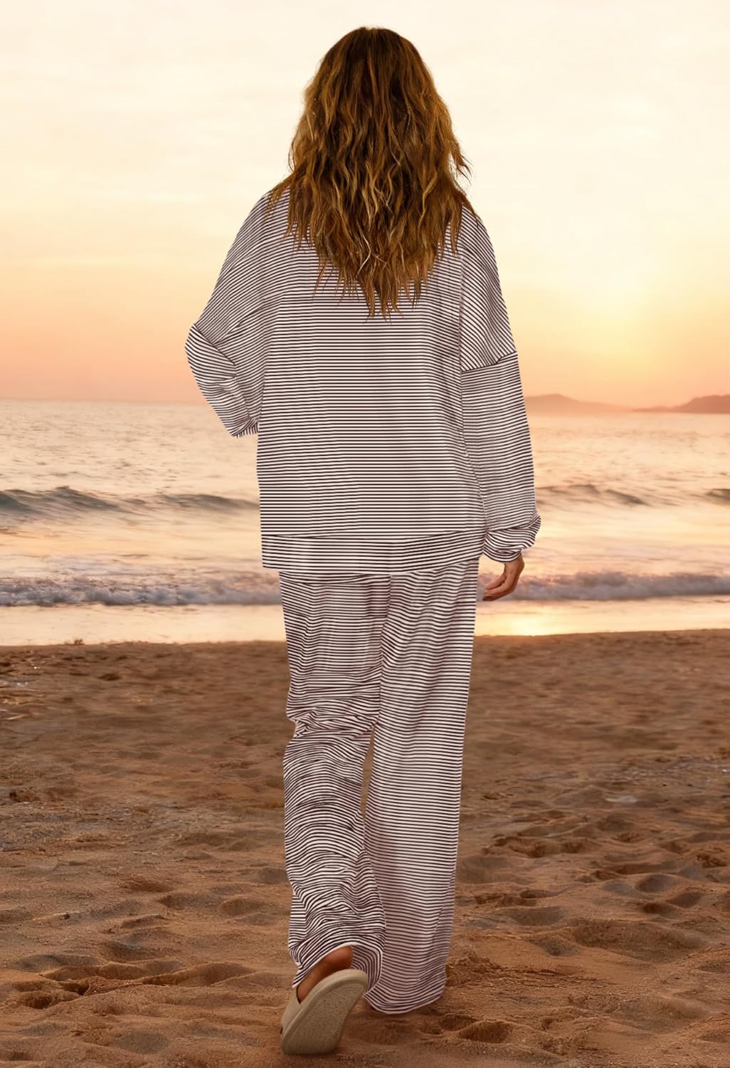 Yanekop Womens Striped Lounge Set Long Sleeve Matching Sets Oversized Pajama Sets Striped Shirt Wide Leg Pants - Image 4