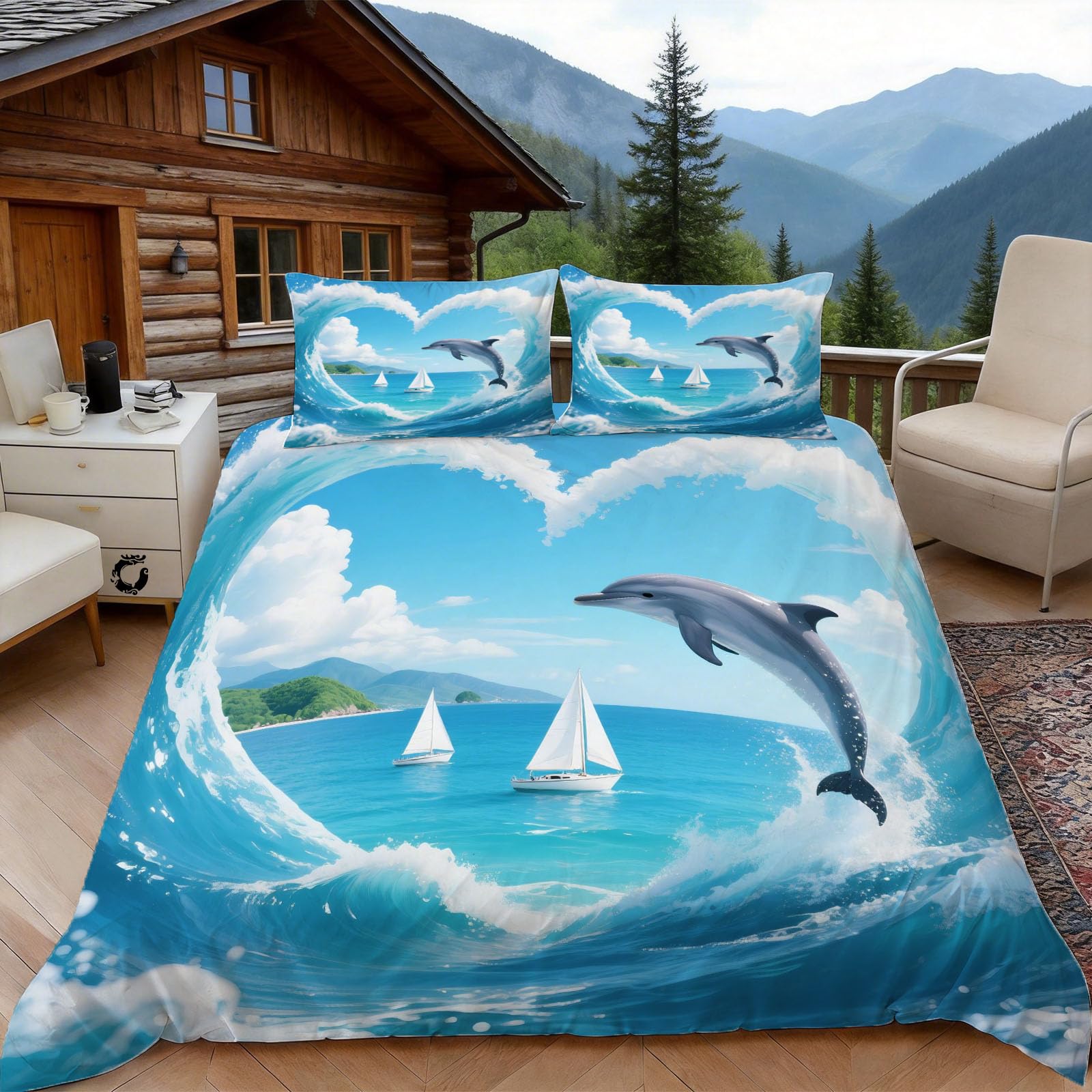 Housse de couette 140x200 dauphin avec ses deux taies d'oreiller assorties