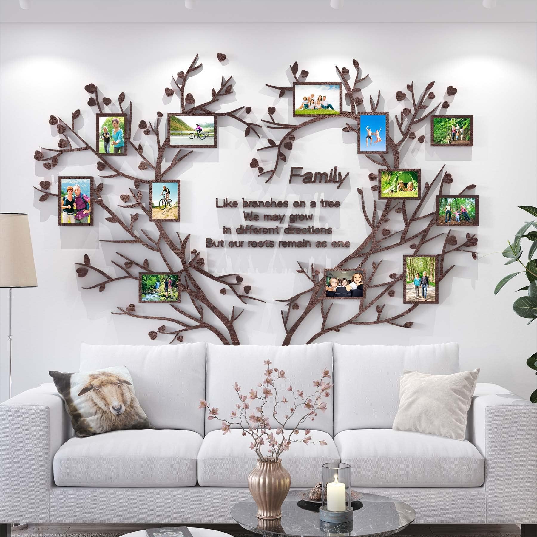 DecorSmart Love Family Tree Wall Decor Picture Frame Collage Removable 3D DIY Wood Wall Stickers for Living Room with Red Heart and Quote Family Like Branches on a Tree