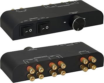 2 Way Speaker Switch, 1 in 2 Out Way Pair Stereo Speaker Selector W/Volume Control Metal Non-Slip Box - Black 61052, 9.0 x 3.25 x 1.5