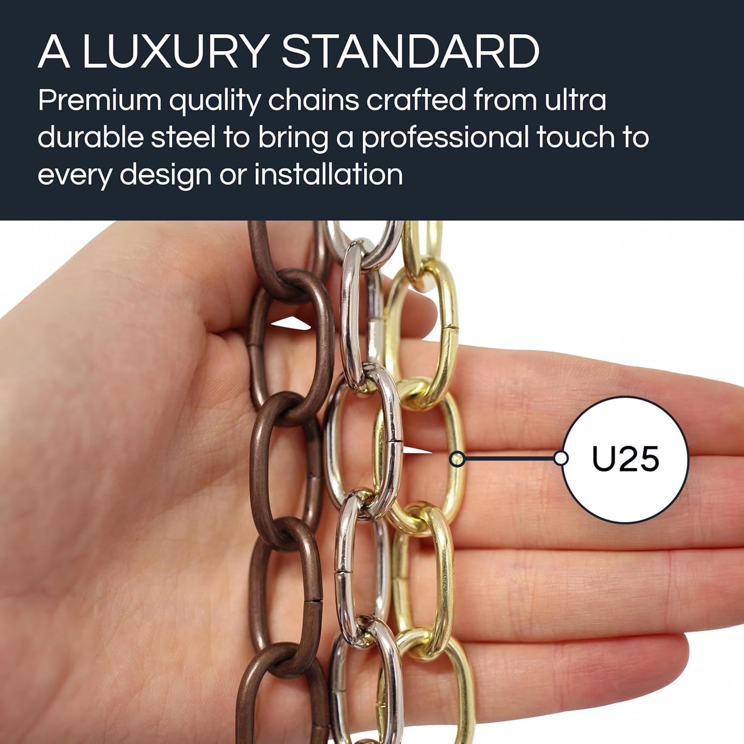 RCH Hardware CH-S56-11S-SC-10 |9 Gauge Decorative Solid Steel Standard Link Fixture Chain | 10 Foot Increments |Satin Chrome Finish