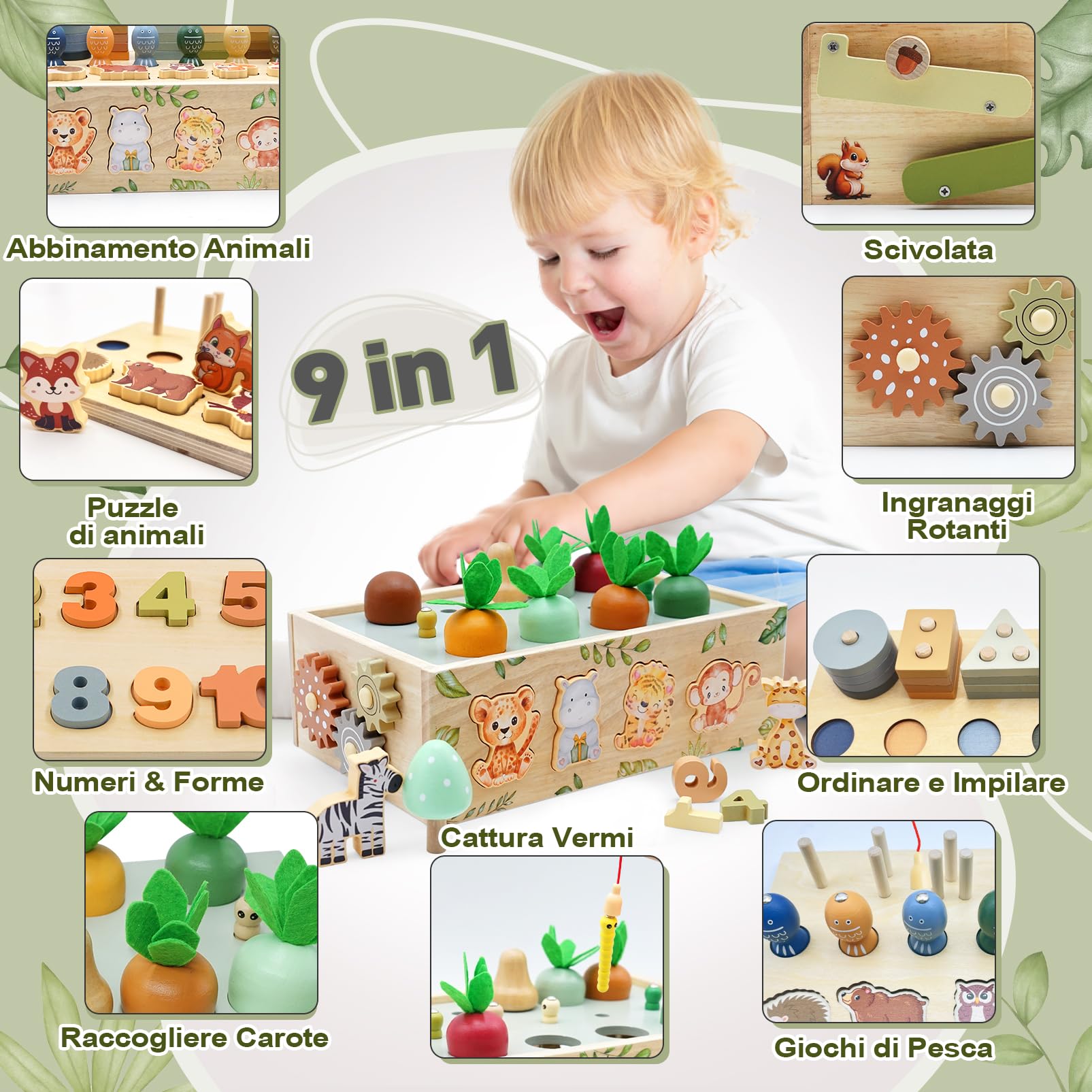 Almaxi Giochi Montessori 1 2 3 Anni, 9 in 1 Giochi di Legno per Bambini 1 Anno, Giocattoli Bambini 123 Anni Montessori Maschio Femmina, Giochi Educativi 1 2 3 Anni Legno, Regalo Bambino Bambina