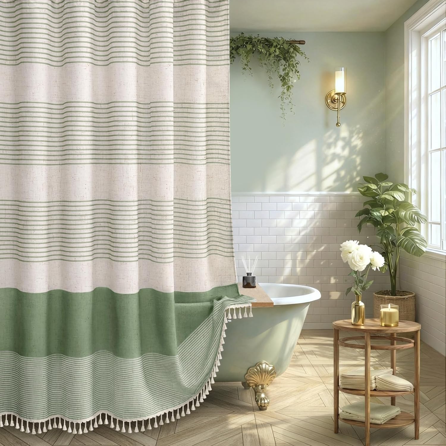 Sage Green Shower Curtain Boho Linen Striped Shower Curtains for Bathroom with Tassel 48 X 72