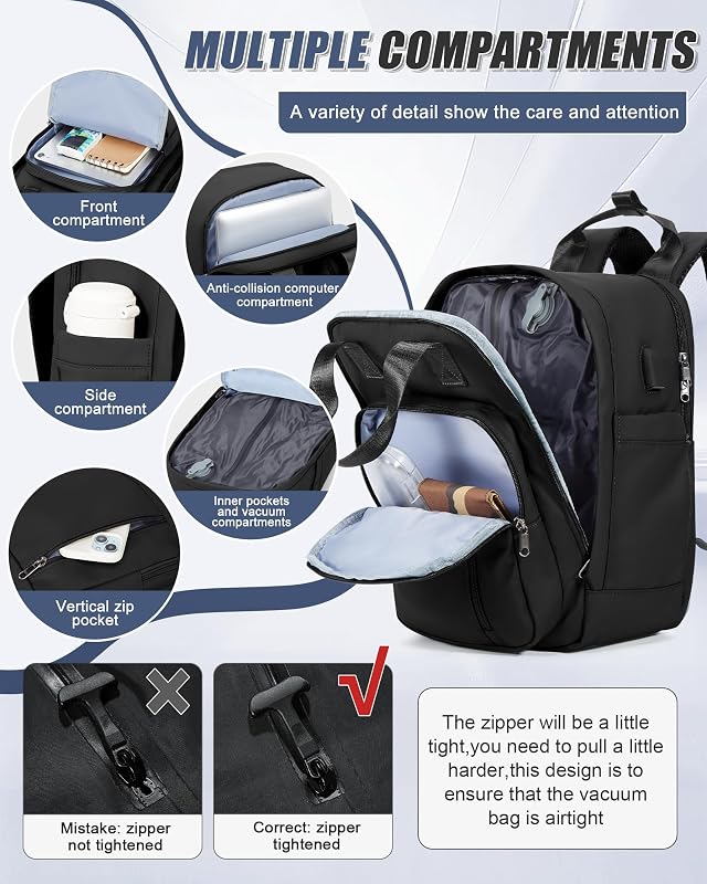 Rucsac de bagaj de mână cu vacuum SZLX, compatibil Ryanair și Wizz Air 40x30x20 cm, pentru laptop de 14 inchi, impermeabil, cu compartiment pentru încălțăminte și pompă inclusă