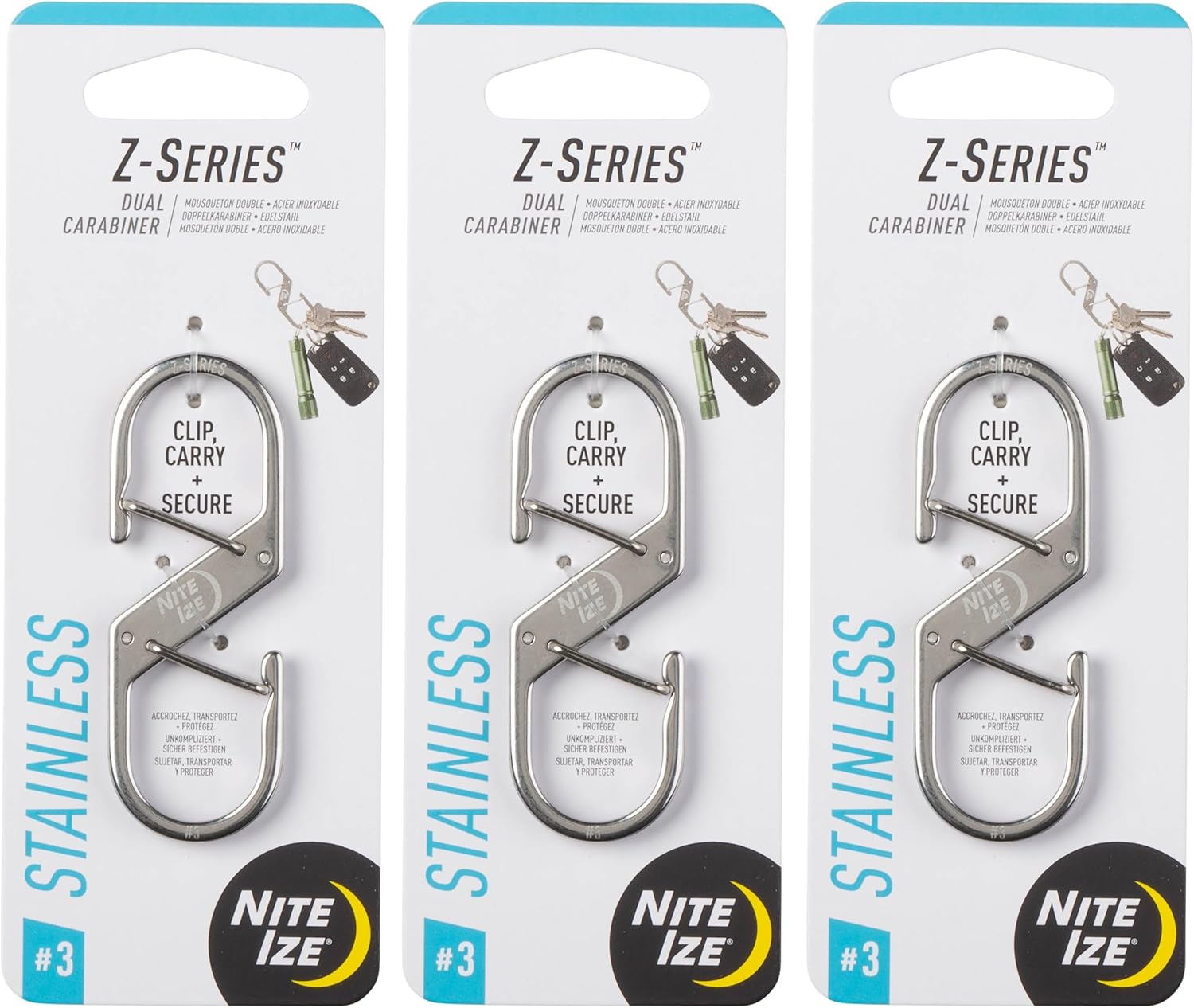 Nite Ize Z-Series Dual Carabiner - Heavy-Duty Carabiner Clips for Keys & Keychain Accessories - Key & Gear Organizer Dual Carabiner Clips - Size 3 (4 Pack)
