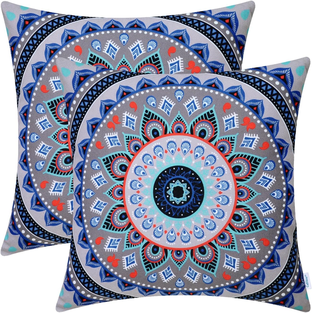 CaliTime Pack of 2 Soft Canvas Throw Pillow Covers Cases for Couch Sofa Home Decor Retro Mandala Pattern Compass Medallion 18 X 18 Inches