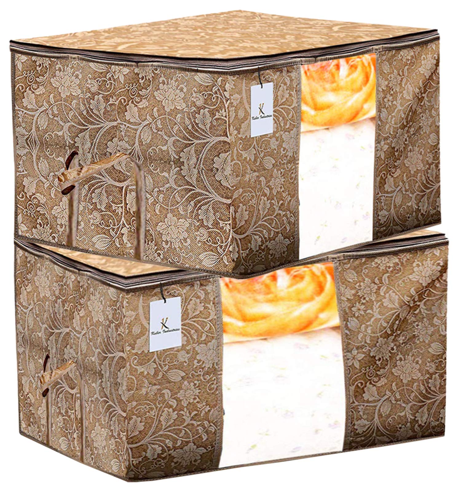 Kuber Industries Metalic Printed 2 Pieces Non Woven Fabric Underbed Storage Bag, Cloth Organiser, Blanket Cover with Transparent Window (Beige)-KUBMART2907-image-31