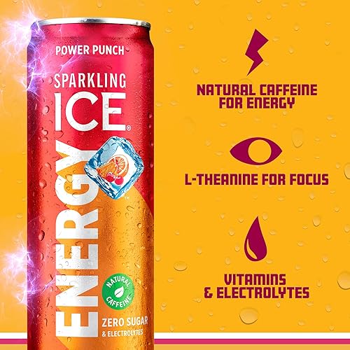 Miniatura 4 de Sparkling Ice +ENERGY Power Punch Agua con gas. Bebidas energéticas con vitaminas y electrolitos, cero azúcar, latas de 12 onzas líquidas (paquete