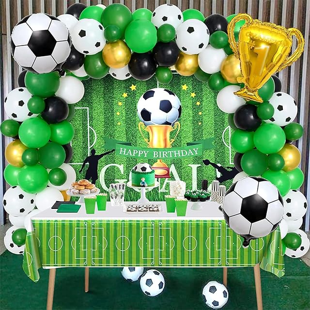 Tacobear 90PCS Football Party Birthday Decoration with Football Backdrop Tablecloth Balloon Garland Foil Balloons for Kids Boys Football Fans Football Soccer Themed Party Decor Supplies
