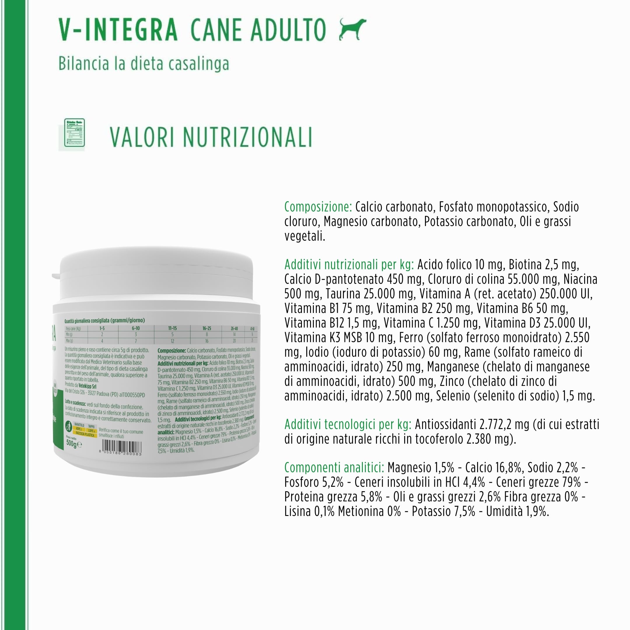 V-INTEGRA Cane Adulto 500g, Integratore Completo Ricco di Vitamine e Minerali per Dieta Casalinga e BARF, V Integra Multivitaminico Cane, Made in Italy